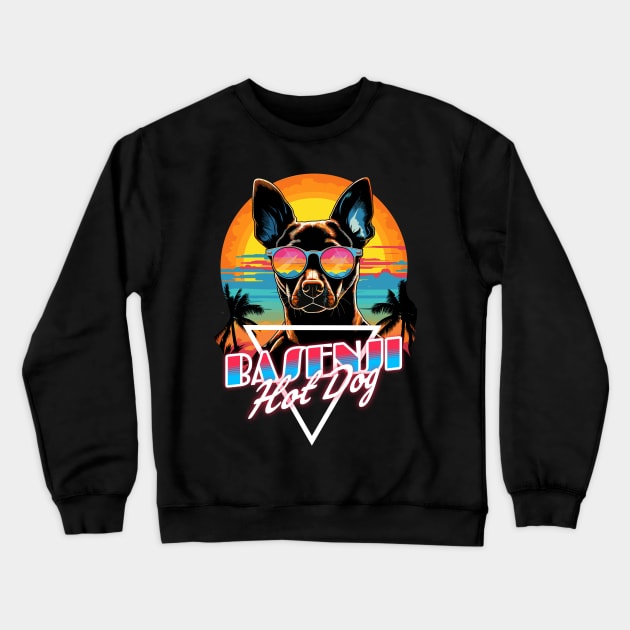 Retro Wave Basenji Hot Dog Shirt Crewneck Sweatshirt by Miami Neon Designs